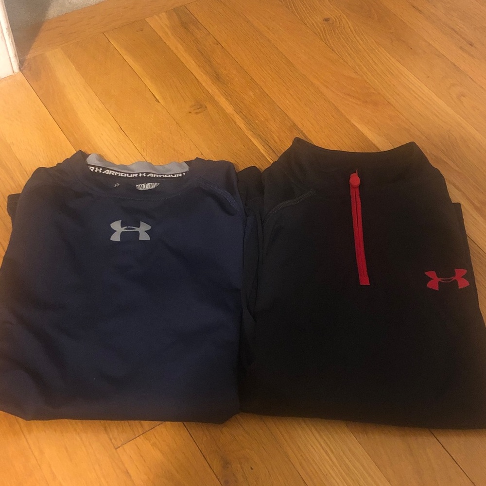 Under Armour heat gear. Navy long sleeve. Black 1/4zip heat gear &red letters